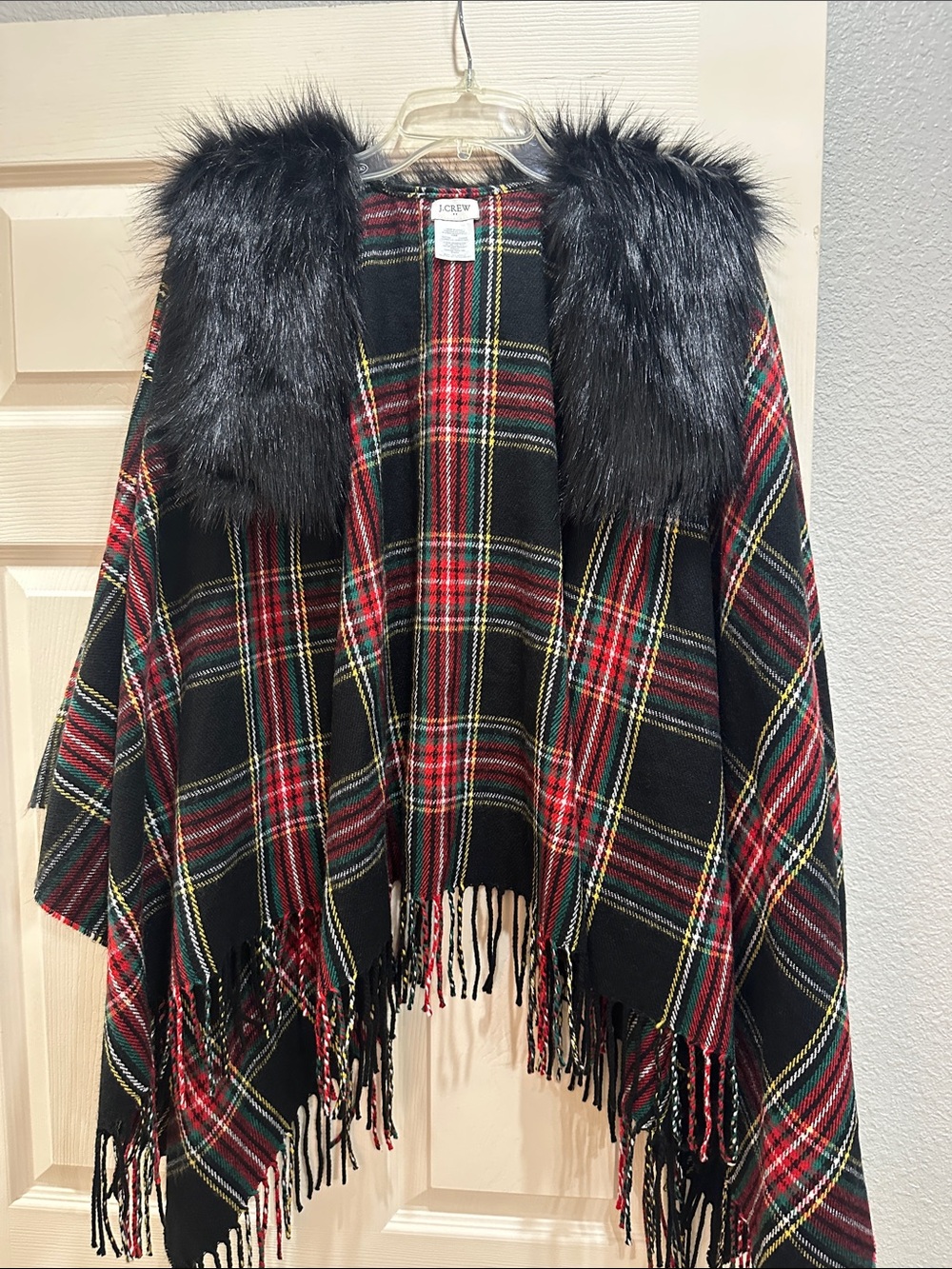 J. Crew Black and Red Plaid Fringe Cape with Faux Fur Collar